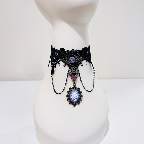 Dolls Kill Jewelry - Black Lace Crochet Purple Pendant Chain Drop Chain Victorian Choker Necklace